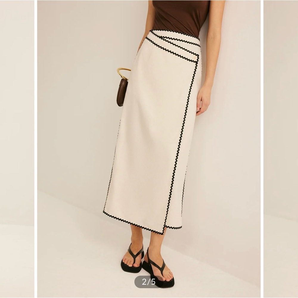 Cream Midi Skirt with Black Trim - Women's Elegant Wrap Style